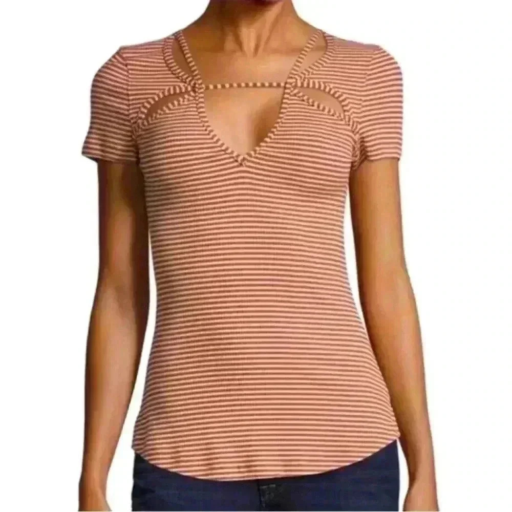 Free People Frenchie Cutout Orange Striped Blouse Womens Size XS